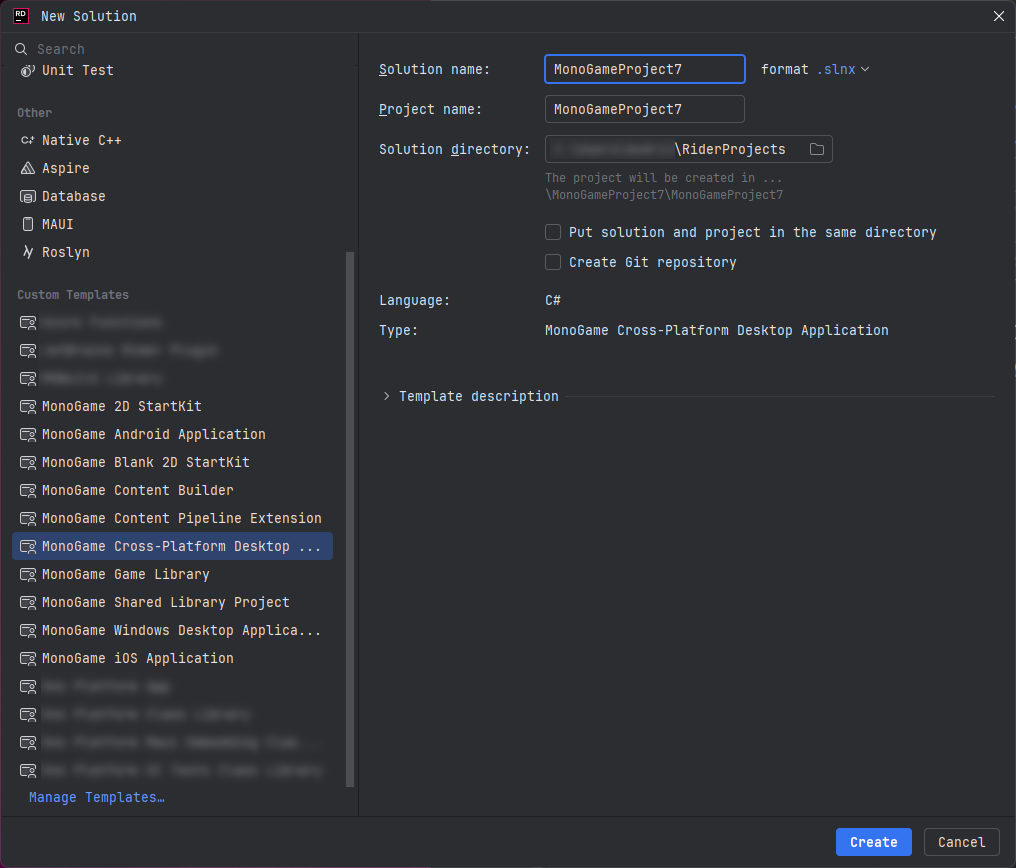 MonoGame templates under Custom templates in the New Project Wizard