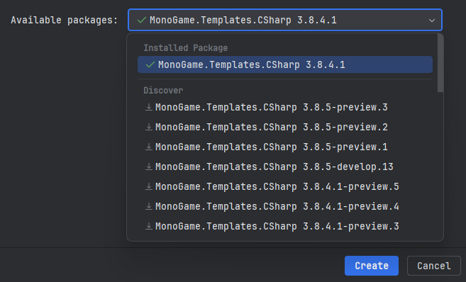 Selection of the templates package version in the New Project Wizard