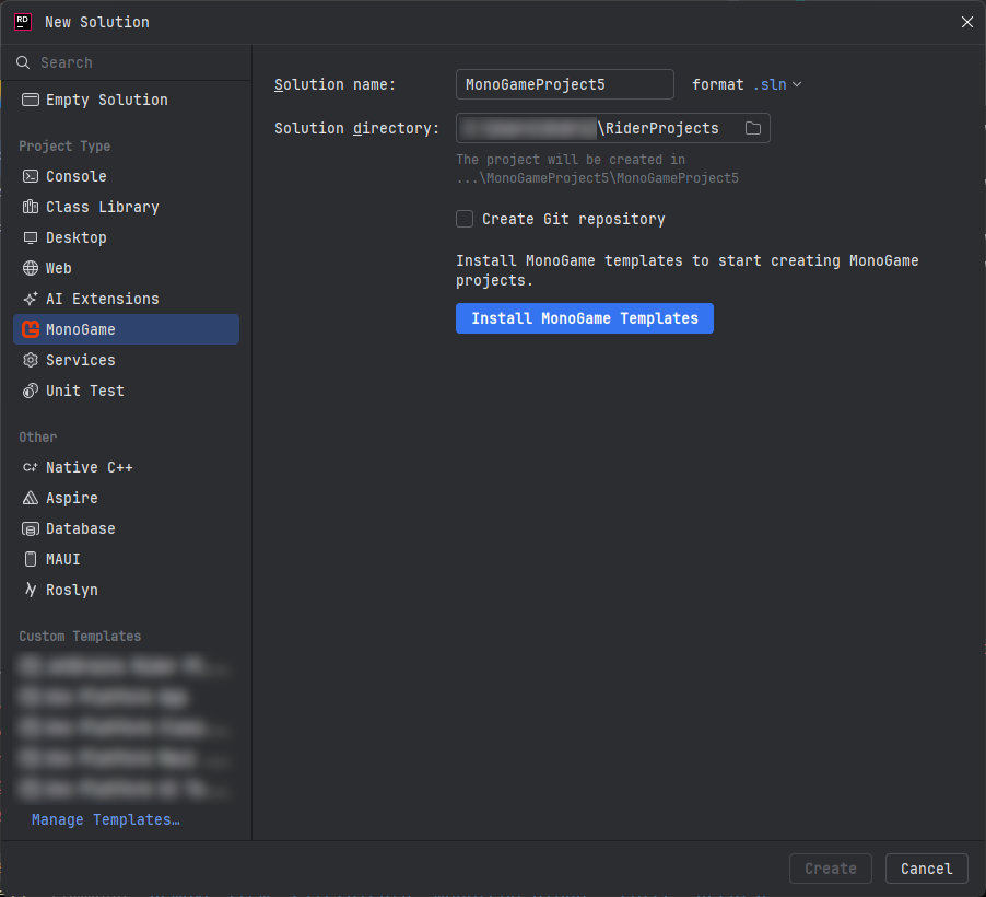 MonoGame section in the New Project Wizard