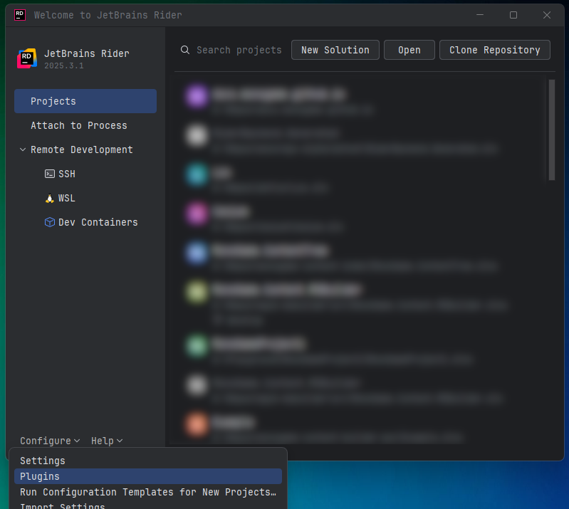 Rider plugins menu item