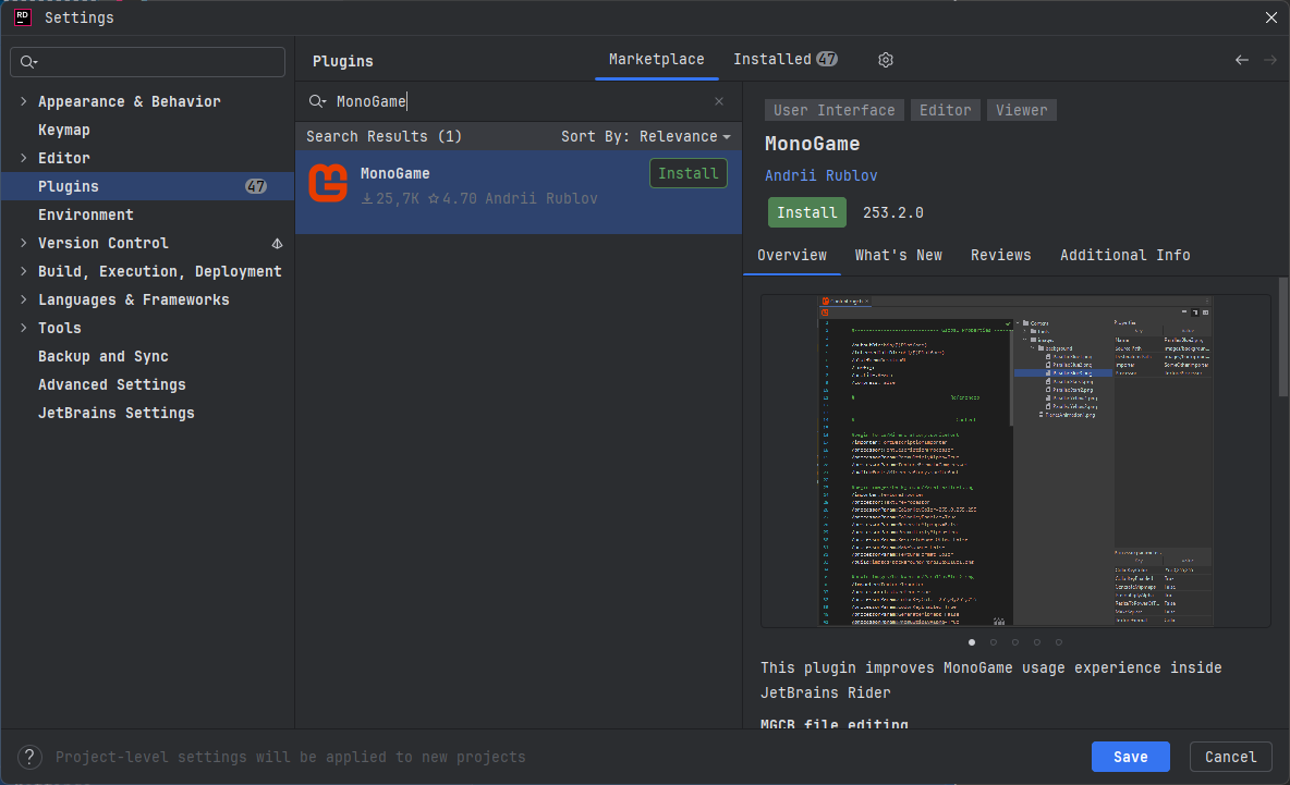 Rider install MonoGame plugin