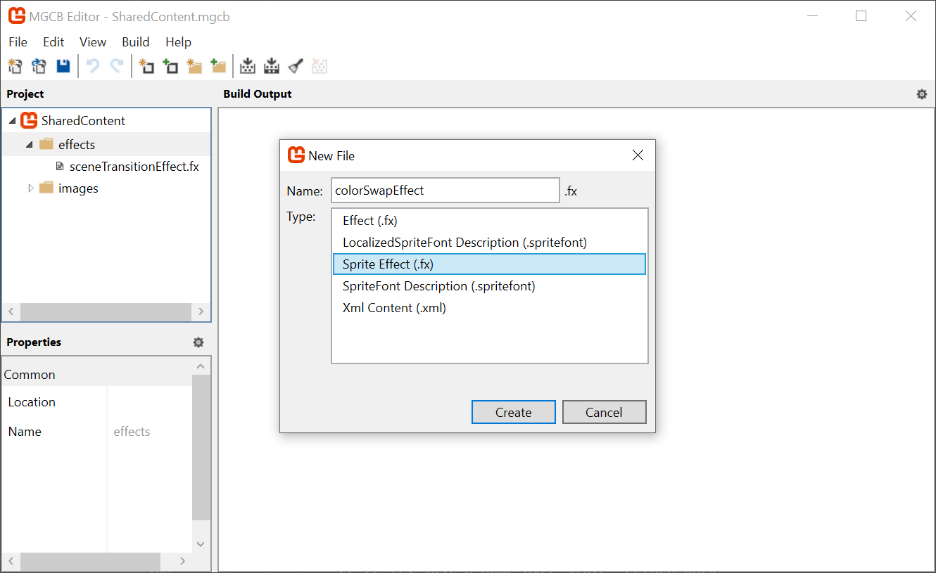Figure 6-5: Add the colorSwapEffect.fx to MGCB Editor