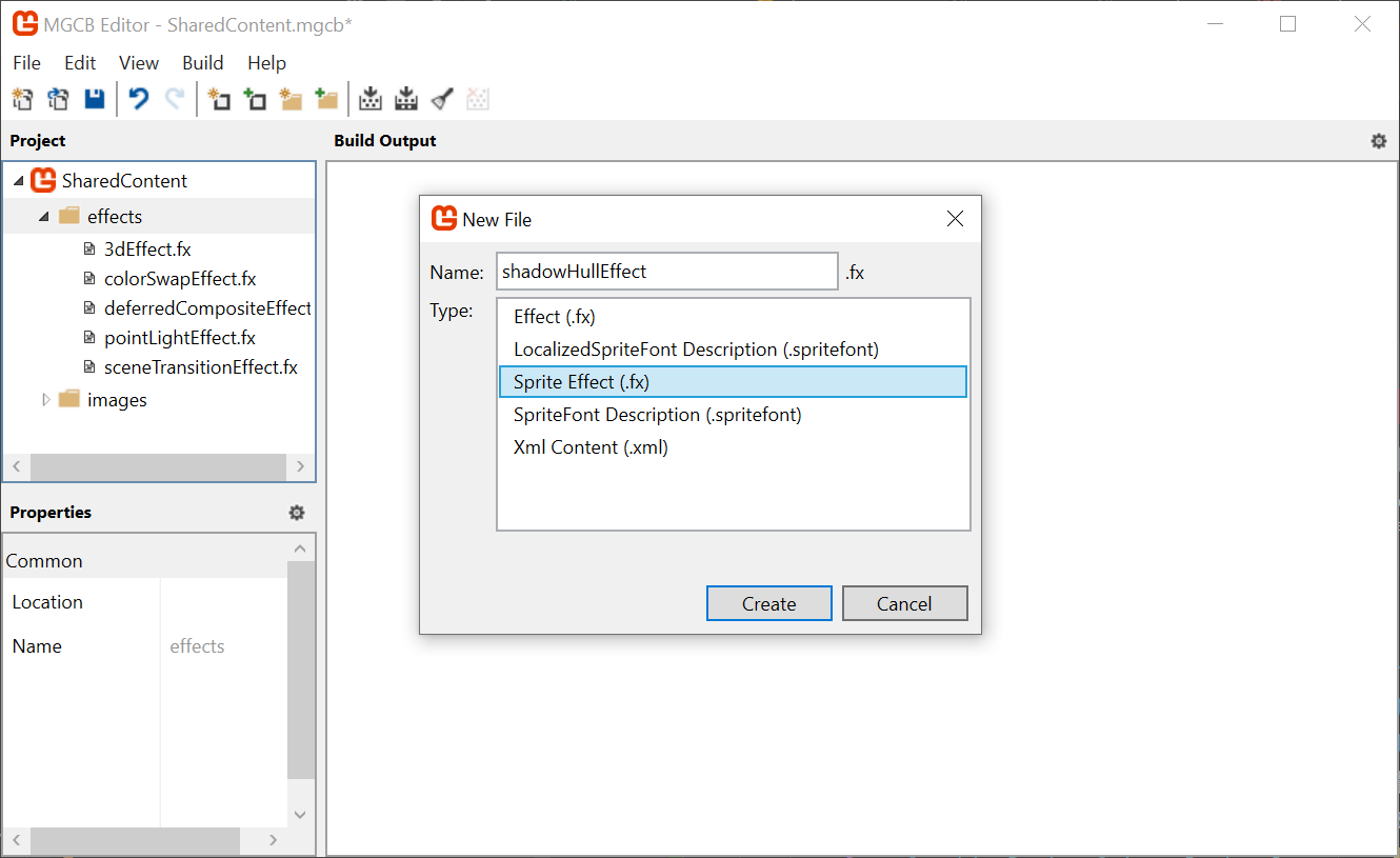 Figure 9-10: Create the shadowHullEffect in MGCB