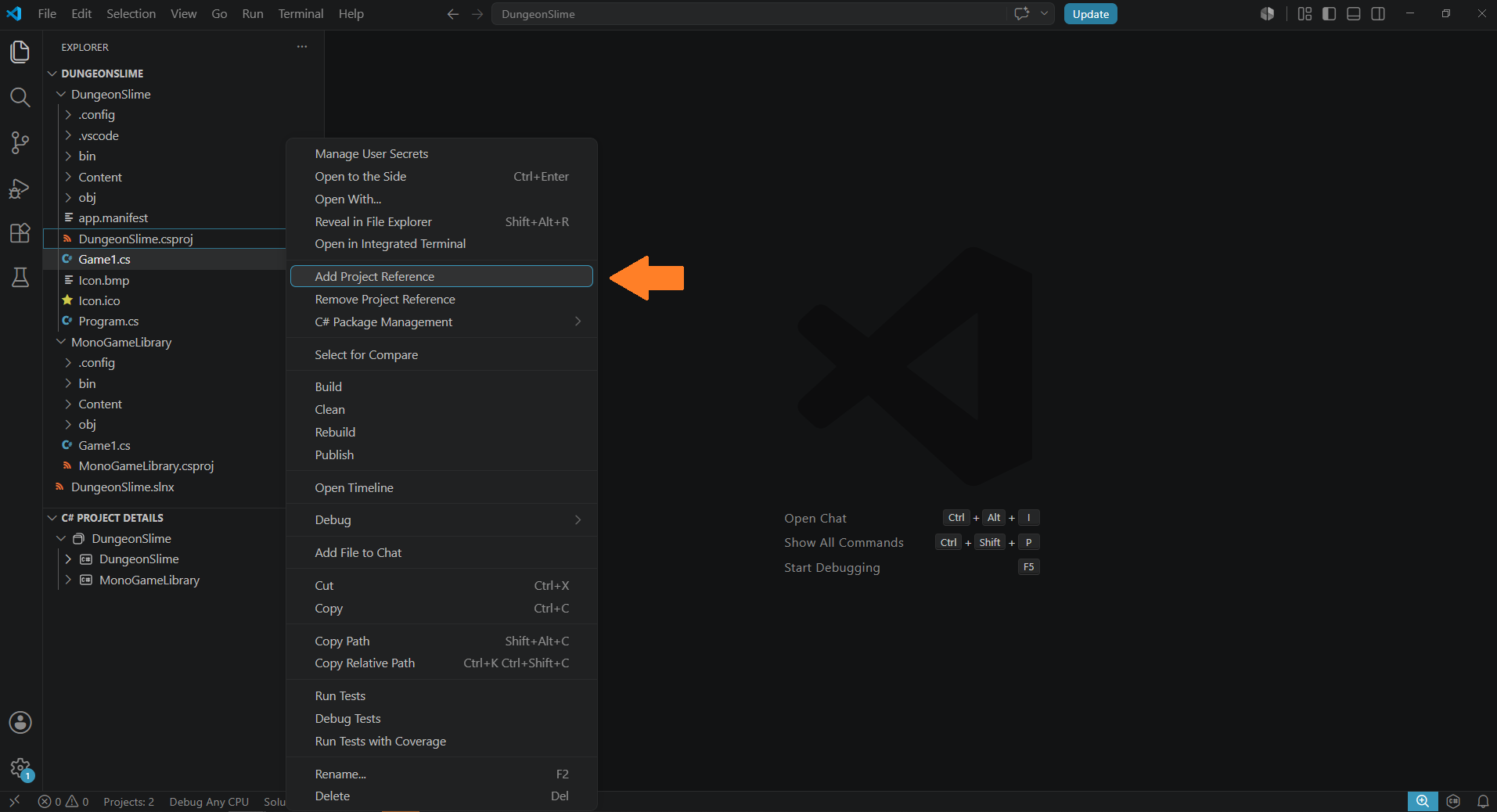Figure 4-3: Adding a project reference from the DungeonSlime.csproj file in Visual Studio Code