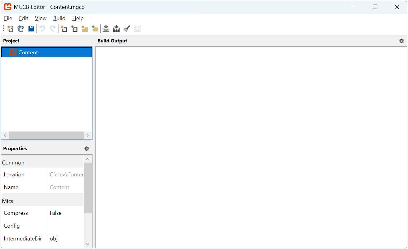 Figure 5-2: MonoGame Content Builder Editor (MGCB Editor) Window