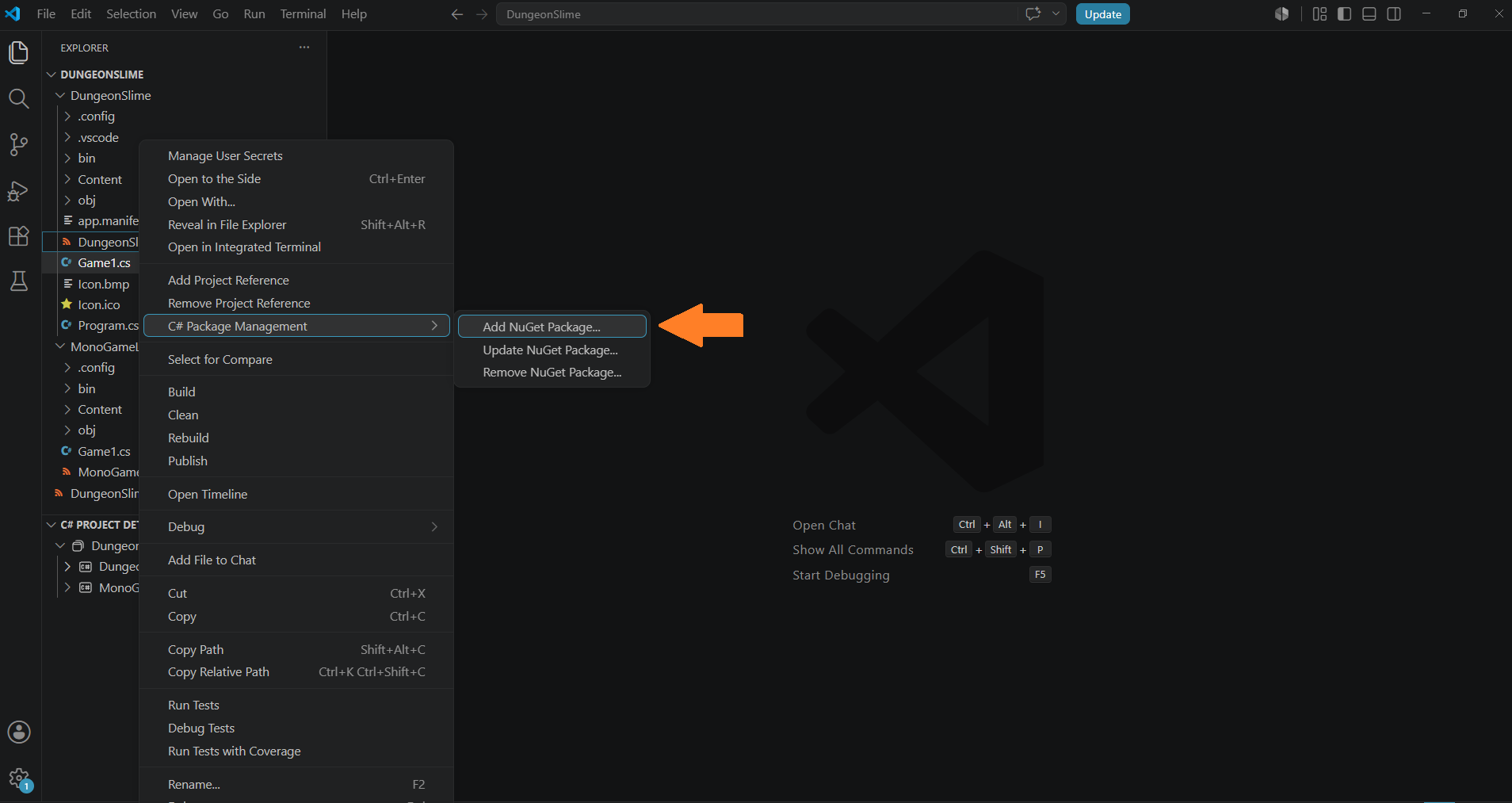 Figure 20-1: Adding a NuGet package from the DungeonSlime.csproj file in Visual Studio Code