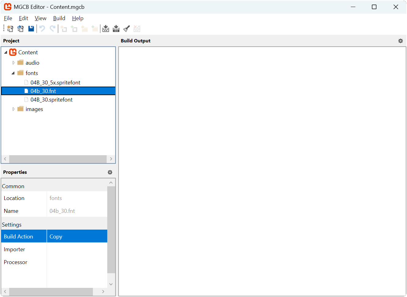 Figure 21-2: The MGCB Editor with the 04b_30.fnt added to the fonts folder and the Build property set to Copy