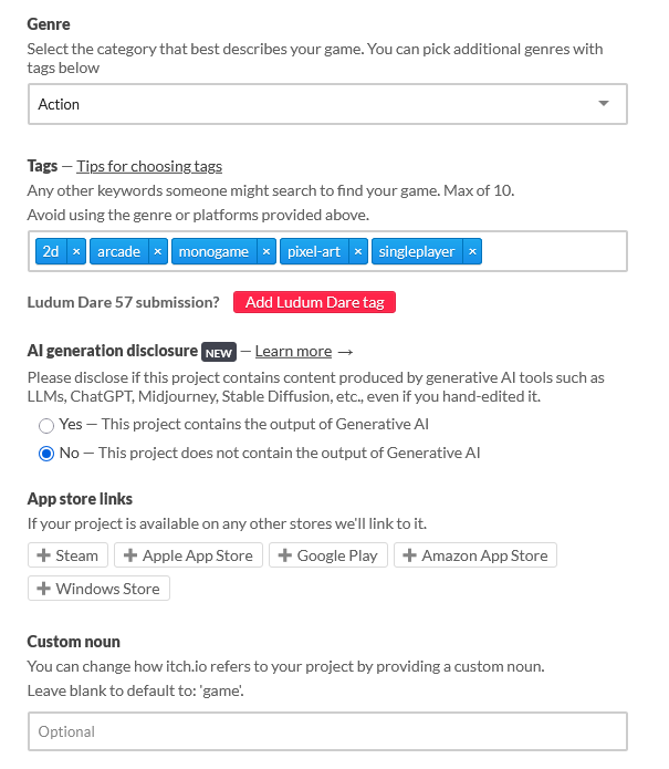 Figure 26-7: Example of metadata configuration for a game project